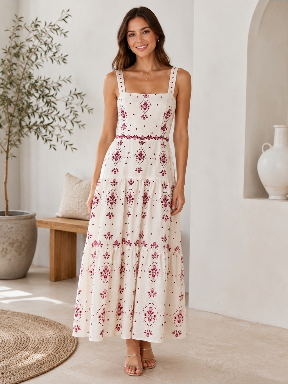 Christian Lacroix Beaded Floral Linen Blend Maxi Dress Ivory & Fushia S | NWOT